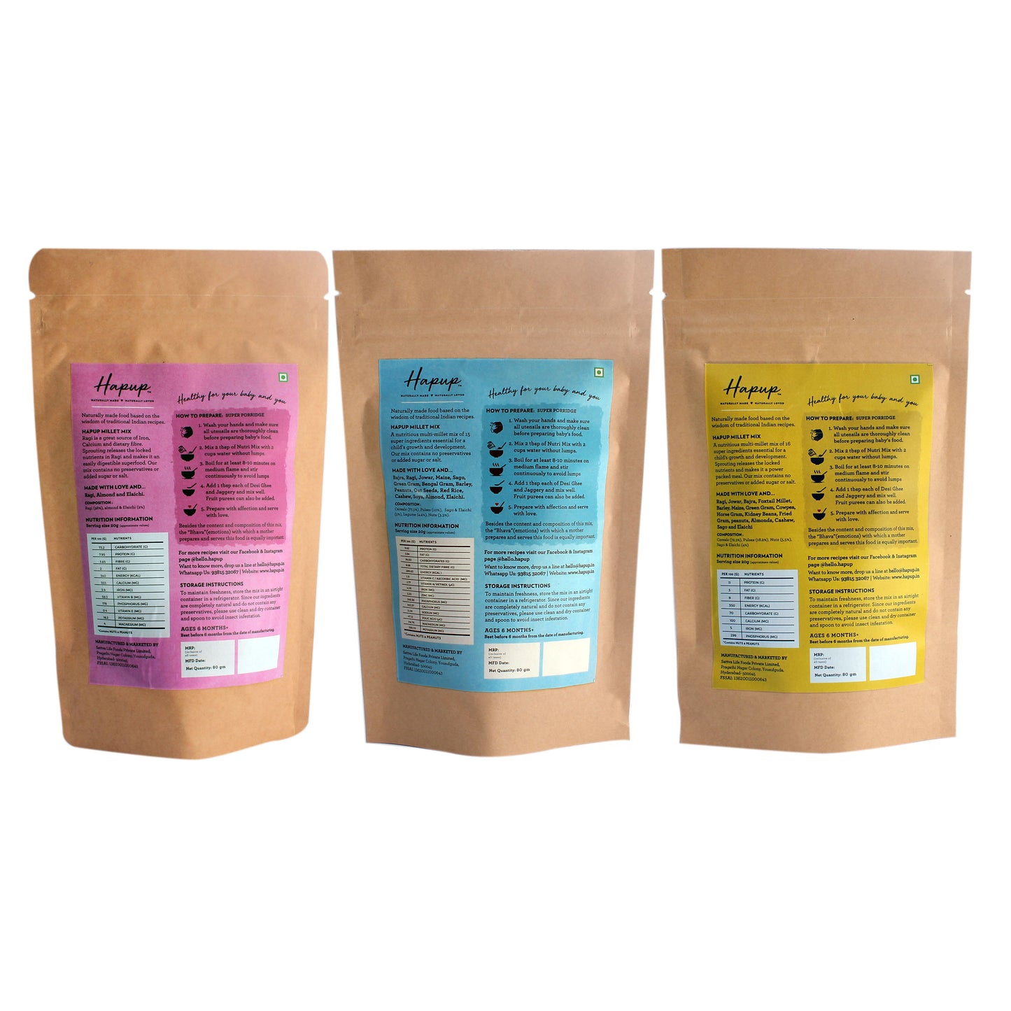 Hapup Combo Pack - Millet Mix Sprouted, Millet Mix, Ragi Mix Sprouted (80g Each)